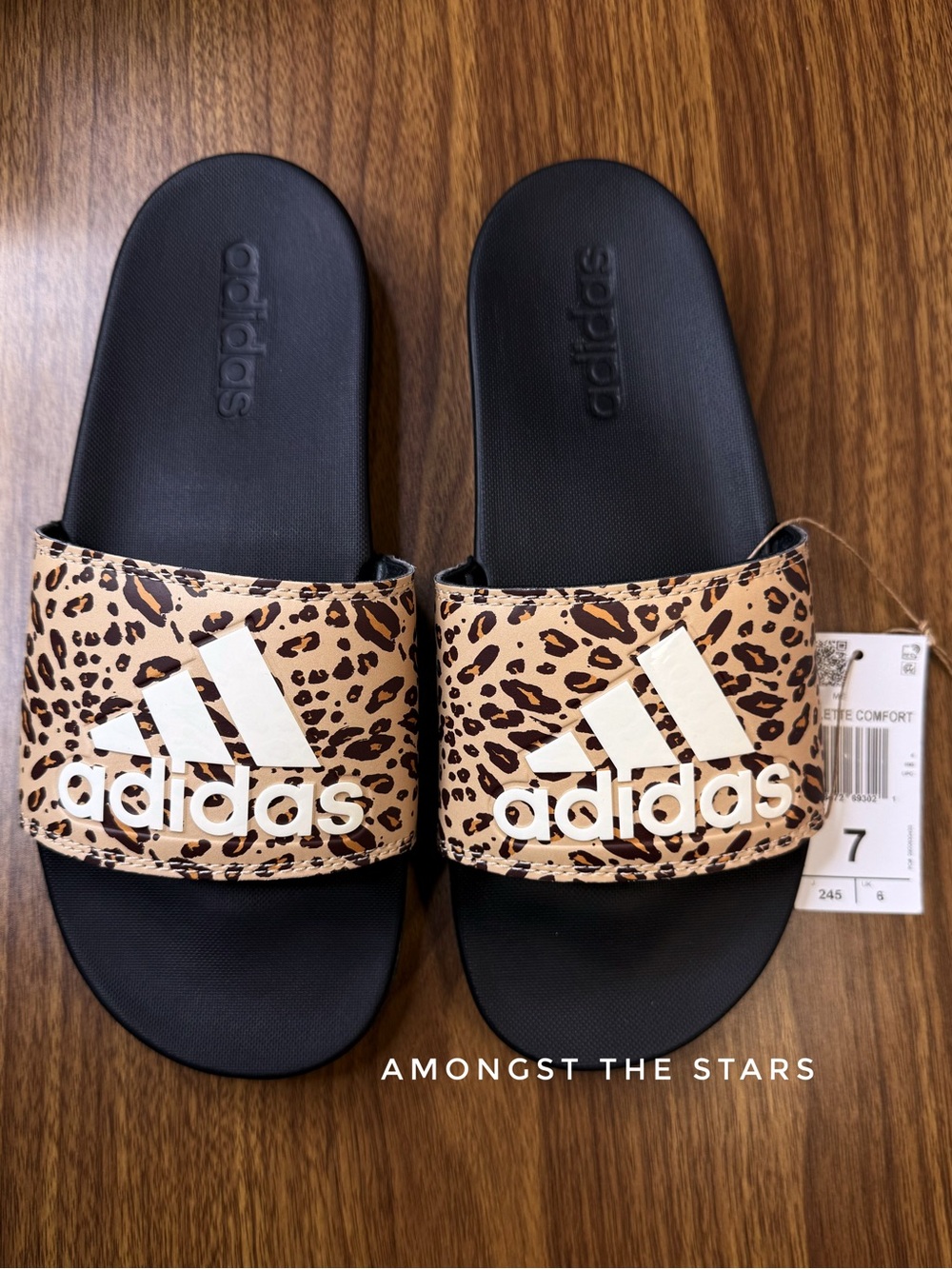 Adidas Adilette Leopard Print Black, Tan & White Comfort Slides Slippers